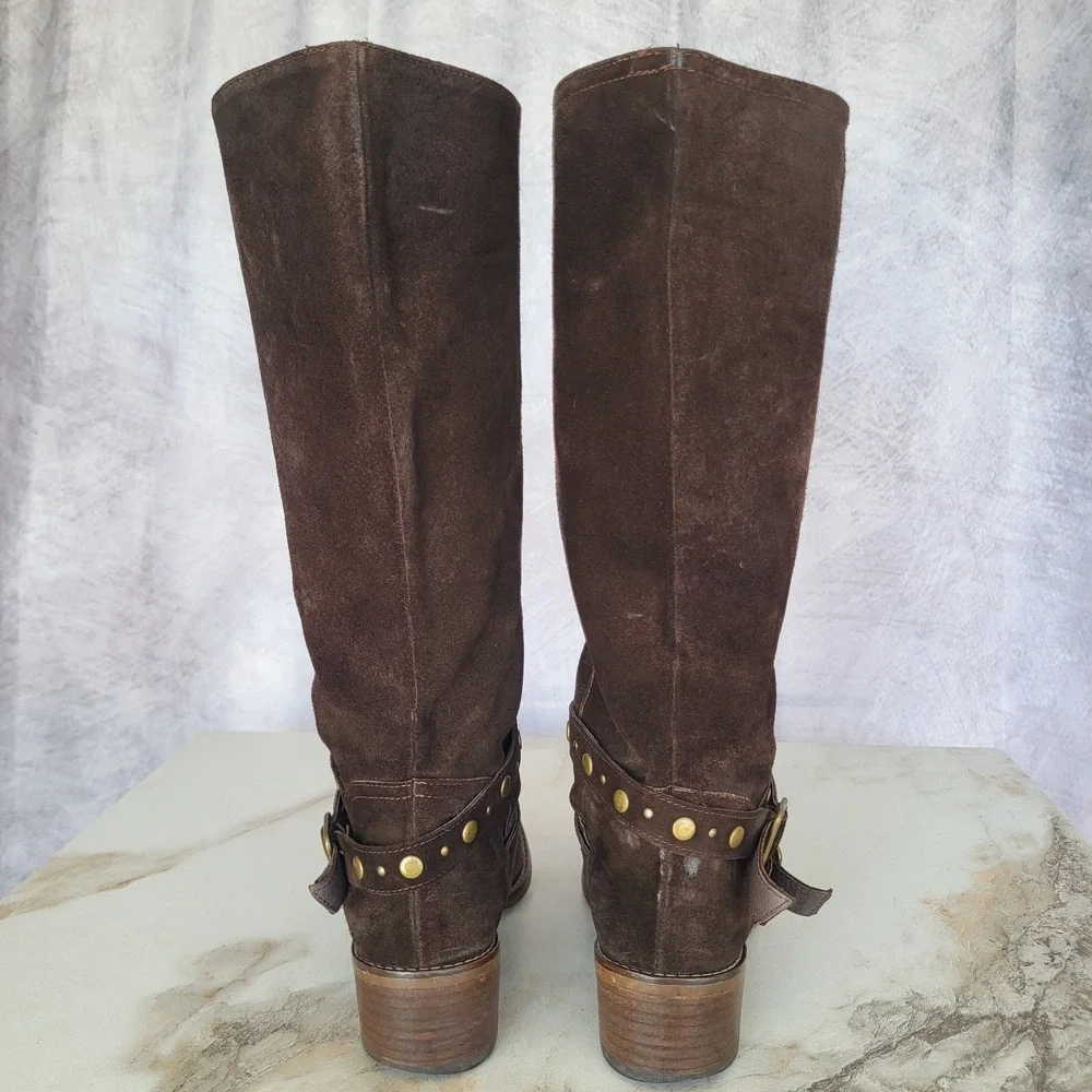 Barneys New York Suede Boots Knee High Biker Women's 36 Studded Buckle